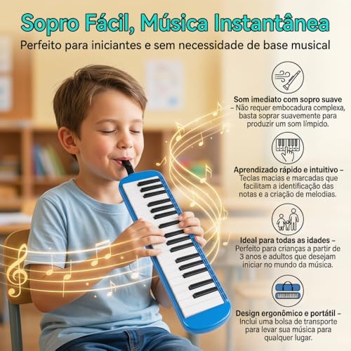 VEDO Escaleta 37 Teclas Infantil, com Bocal Duplo e Bolsa, Teclado De Piano de Ar, Instrumento Musical, Instrumentos Musicais de Brinquedo, Adequado Para Crianças e Adultos, Presente Perfeito, Azul