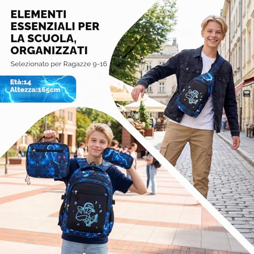 Amythe Boys Backpack - Elementary and Middle School - Complete Set with Chest Bag, Lunch Bag & Pencil Case - Teenagers Large Lightweight Waterproof Backpack for School & Travel, Blue