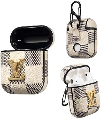 Airpods Case, Luxury Full Protective Shockproof PU Leather with Carabiner Hook Airpods Case Cover - White