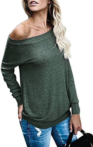 Flywm Women's Sexy Long Sleeve Off Shoulder t Shirt Tunic Tops Blouses Casual Loose Slouchy Pullover Sweatshirt (Green, XL)