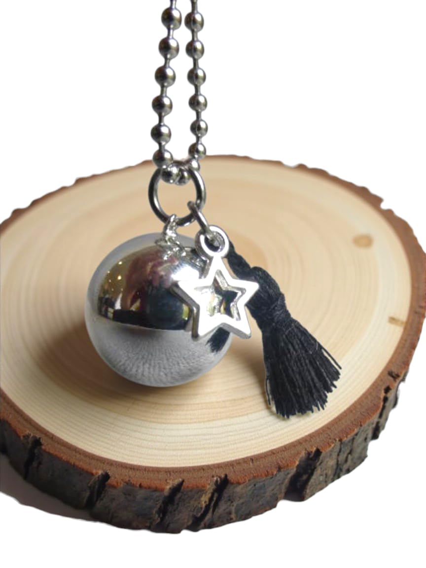 Pregnancy Bola with Cipto Chain, Customisable, Silver with Black Tassel and Hollow Star