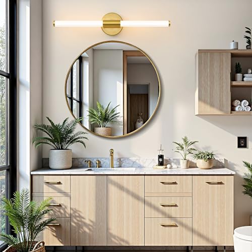 Dimmable LED Oro Baño Vanidad Luces 360 ° Iluminación Completa Baño Lámparas Sobre Espejo 22 pulgadas Moderno Vanidad Barra de Luz Luz Cálida | Luz de baño brillante de 360°, luz de cambiador regulable, aplique de pared con cable 3000 K, blanco cálido para espejo