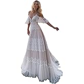 Women's Wedding Dresses Chic Lace Evening Dresses V Neck Ruffle Sleeves Beachy Boho Outdoorsy Wedding Gowns