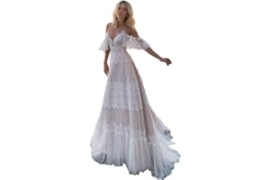 SORAYAN Women's Wedding Dresses Chic Lace Evening Dresses V Neck Ruffle Sleeves Beachy Boho Outdoorsy Wedding Gowns