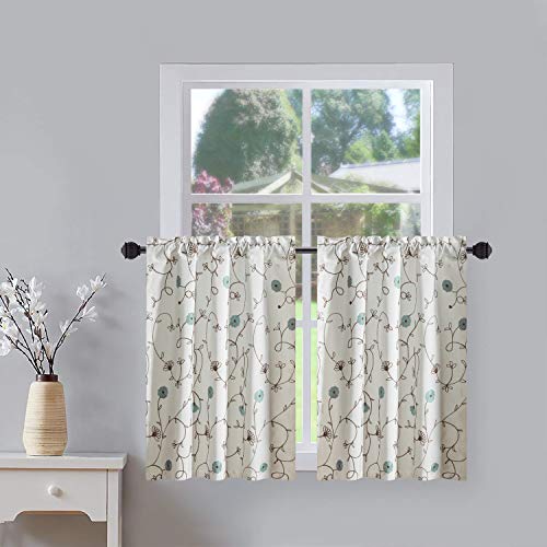 VOGOL Tier Curtains 36 Inch Length, Red Floral Embroidered Half Window Kitchen Cafe Curtains Pocket Window Treatment for Living Room Bedroom, 30x36, Two Panels