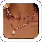 Kenjudess Bohemian Multi-colored Beaded Choker Necklace Y2K Seed Beaded Stackable Necklace with Shell Pendant Boho Summer Beach Necklace for Women