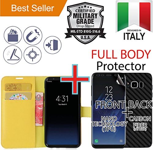 Samsung Galaxy S8 PLUS Yellow [PU Leather Wallet] Case + [FULL BODY COVERAGE] (Front [TPU] + Back [Carbon Fiber]) [Flip Stand] Cover [Shock Absorbent] Armor Protection [Cash Credit ID Card]