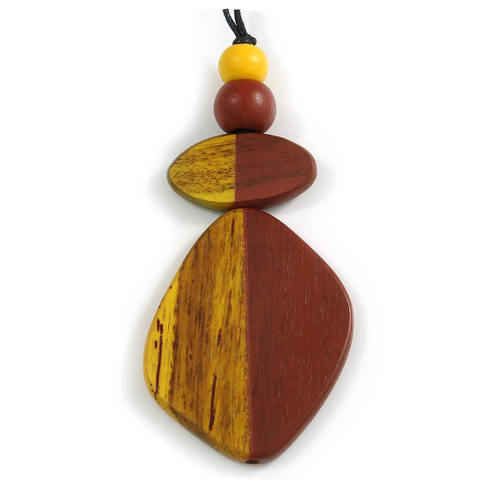 Avalaya Antique Yellow/Brown Geometric Wood Pendant Black Waxed Cotton Cord - 80cm L Max/ 13cm