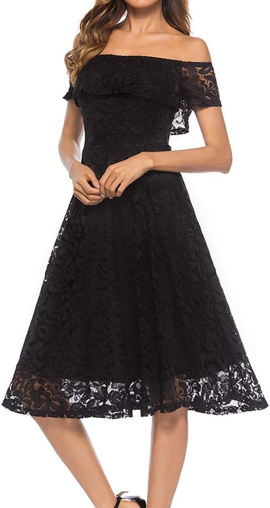Hyling Women's Off The Shoulder Ruffle Lace Elegant Cocktail Party Midi Dress