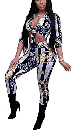 Aleng Women's Sexy Chain Print Two Piece Outfits Tie Front Crop Tops Blouse and Skinny Long Pants Set Clubwear Jumpsuit Black X-Large