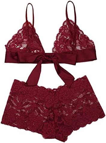 Zeshlla Women Sexy Lingerie Lace Flowers Bandage Bow Push Up Top Bra Pants Set Babydoll Chemise Underwear Set