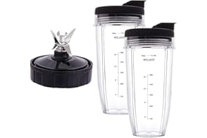 Revorit Blender Replacement Parts for Ninja, 2 24oz Cups with To-Go Lids, 7 Fins Extractor Blade, for Nutri Ninja Auto iQ BN801 BL480-30 BL640-30 BL642-30 NN100-30 BL2012 (2 Pack)