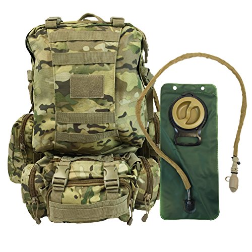 Tactical Military MOLLE Backpack Bundle with 2.5L Hydration Water Bladder & 3 Molle Bags By MonkeyPaks (Multi Camo)