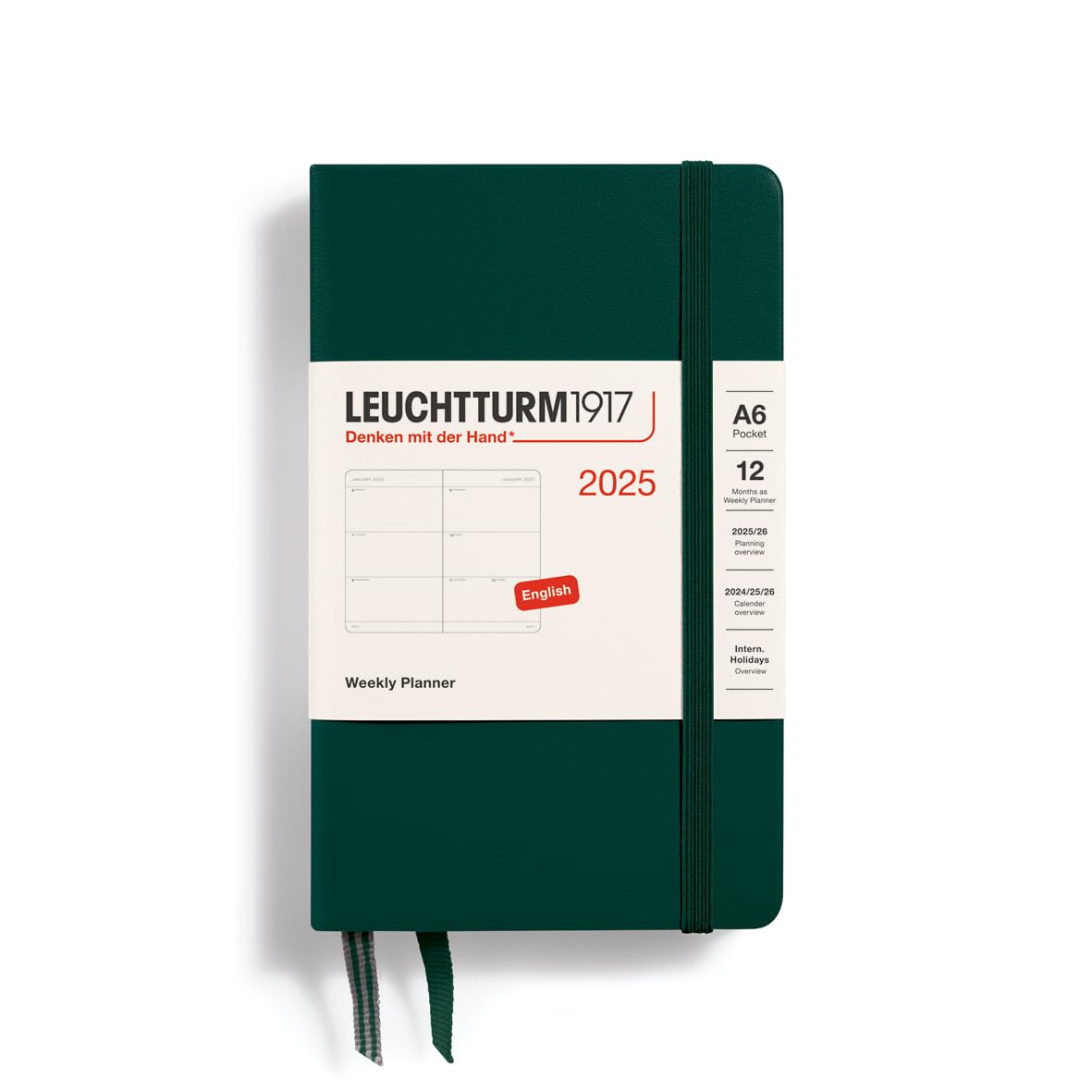 LEUCHTTURM1917 370781 Weekly Planner 2025, Pocket A6 Hardcover - 12 Month Planner, Lined - Forest Green, English