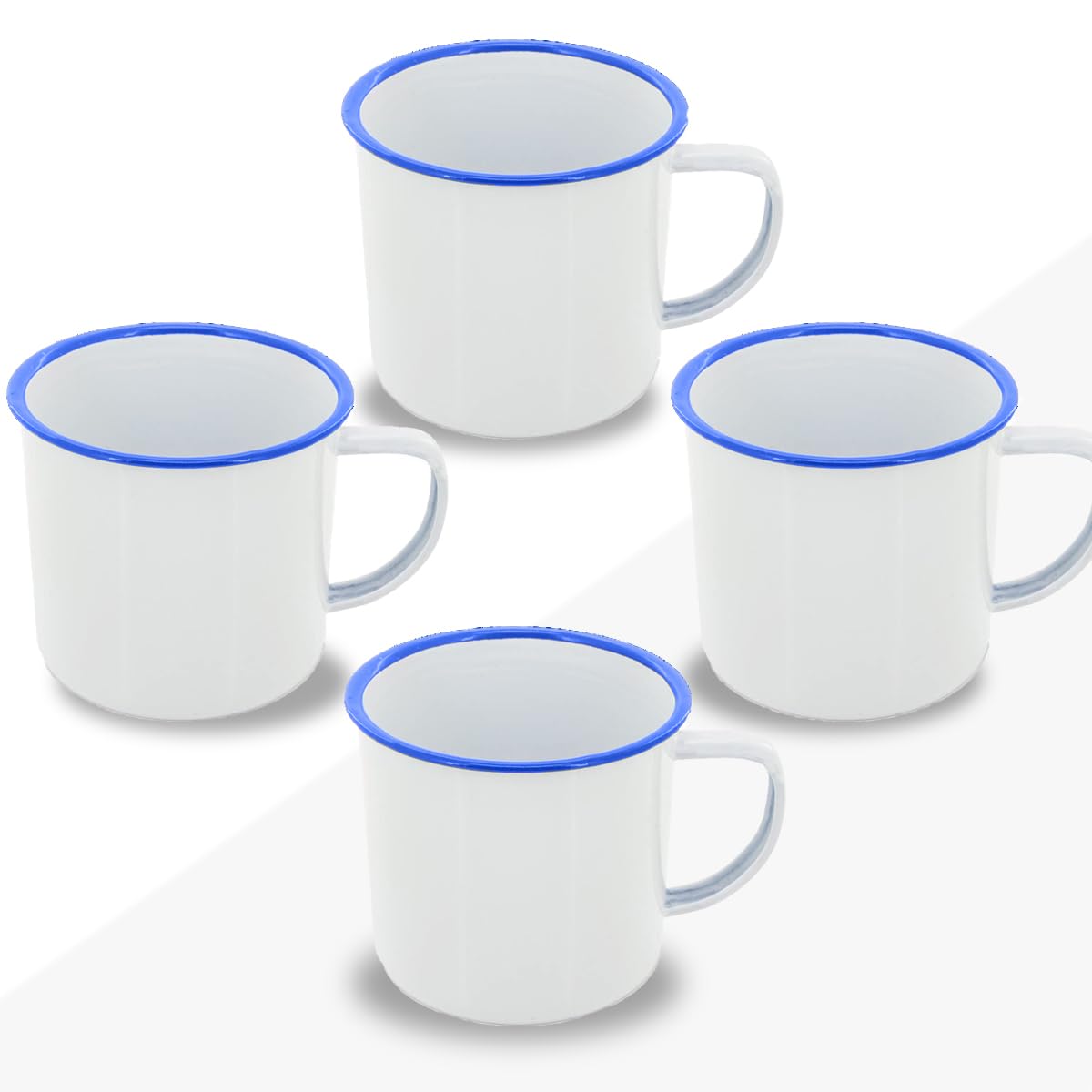 FUN FAN LINE - Set of 4 Retro Enameled Mugs, White with Blue Rim | Large 380ml Vintage Breakfast Mug Set | Unique Mugs for Coffee, Tea & Hot Chocolate | The Perfect Practical Gift Set for Friends