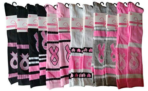 12 PAIR LADIES NBC BREAST CANCER AWARENESS KNEE HIGH SOCKS, #NBC-1400