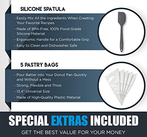 Chefast Mini Donut Pan Set - Combo Kit of 12-Hole, Non-Stick Silicone Doughnut Maker, 5 Pastry Bags, and Spatula - Oven and Dishwasher-Safe Baking Mold for Small Donuts, Cookies, Resin Art and More