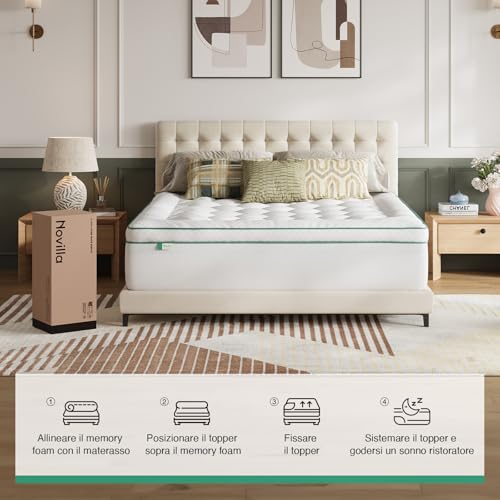 Novilla Double Mattress Topper 160 x 190 cm, 2-in-1 Memory Foam Gel Mattress Topper, Separable Design (Combined or Single Use), Soft Padded Layer + Foam, Washable Cover