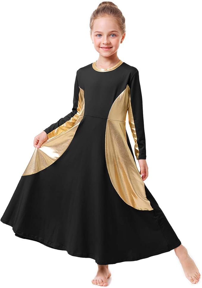 IBAKOM Girls Ruffle Praise Dance Robe Liturgical Worship Metallic Gold