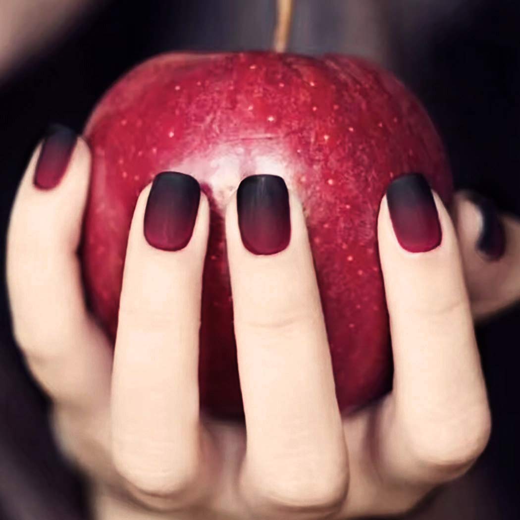 Fairvir Matte Fake Nails Gradient Red Square Acrylic Black False Nail Fashion Party Prom Clip Press on Nails for Women and Girls(24Pcs)