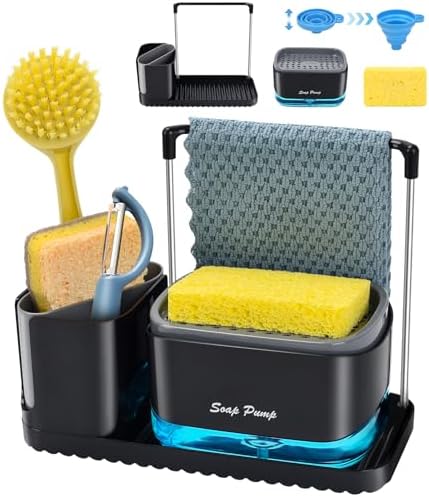Conjunto de dispensadores de sabão de cozinha com tabuleiro e suporte para esponjas, organizador de lava-loiça com pano de cozinha e suporte para escovas da loiça, para armazenamento na bancada,