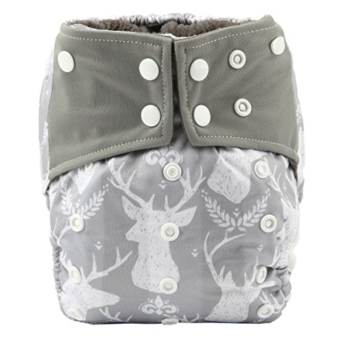 Sigzagor AIll in One Night AIO Cloth Diaper Nappy Sewn in Charcoal Bamboo Insert Reusable Washable (Grey Deer)