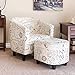Best Choice Products Modern Contemporary Linen Upholstered Barrel Accent Chair Furniture Set for Home, Living Room w/Arms, Matching Ottoman, Birch Wood Legs - White, French Print Detail