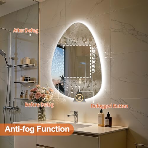 LED Irregular Wall Vanity Mirror, 50x70CM Backlight Mirror with Defogger, 3 Light Colors Stepless Dimming, Frameless Aesthetic Glass for Bathroom Tempered Glass