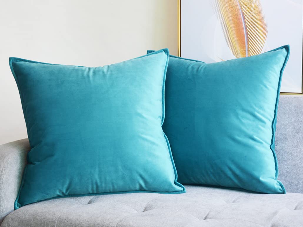 Lutanky Pack of 2 Velvet Cushion Covers Decorative Square Throw Pillow Case Soft Flanges Pillowcases for Sofa Bedroom with Invisible Zipper Peacock Blue 45cm x 45cm 18 x 18 Inch