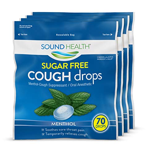 SoundHealth Sugar Free Menthol Cough Drops,Throat Lozenge,Cough Suppressant, 70 Count Bag, 4 Pack