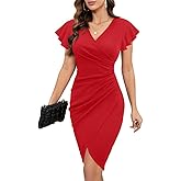 Machico 2026 Women's Sexy V Neck Ruffle Sleeve Faux Wrap Ruched Bodycon Sheath Cocktail Party Work Dress