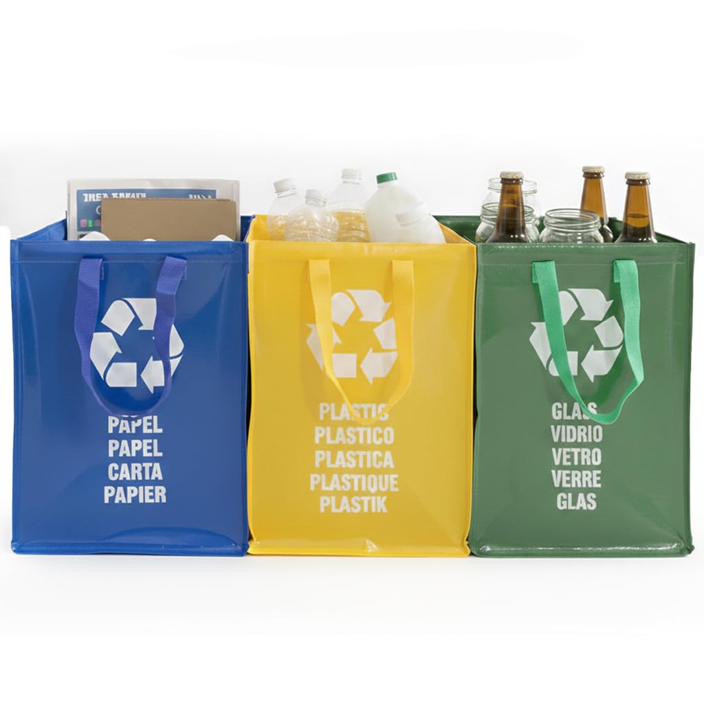 Space Home 3-Piece Recycling Box - Reusable Recycle Bags with Handles - 44L Capacity - Biodegradable Material - Waste Separation System