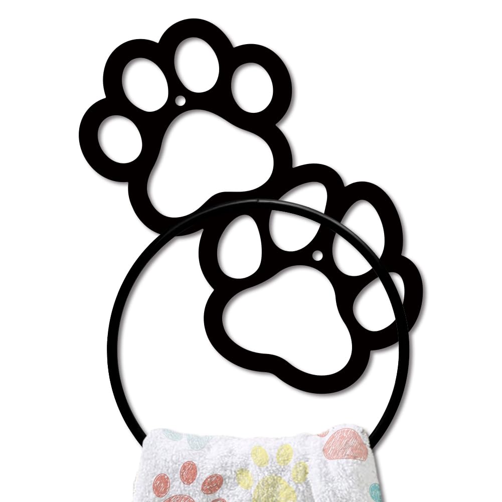 MAYJOYDIY Paw Print Metal Towel Ring Cute Cat Paw Print Towel Holder Dog Claw Pattern Towel Ring Black Art Towel Rack Wall Mounted for Bathroom Kitchen Towel Hanger Home Decors Gift