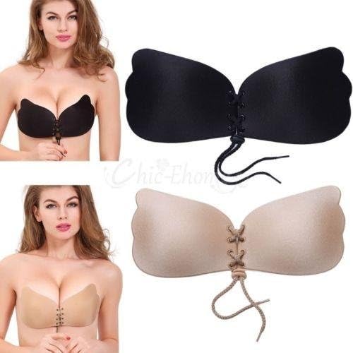 LaLaBra BLACK Women's Strapless Demi Bra Self Adhesive Push-Up Drawstring Bra - C Cup