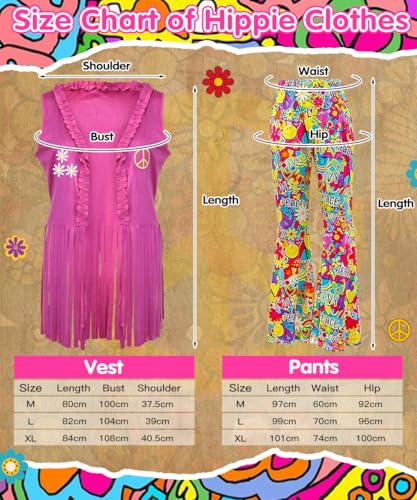 HEITOYI Women's Hippie Costume, 70s Costume with Dress, Vest, Trousers and Accessories, Carnival Costumes Adult Women, Cosplay Hippie for Halloween, Carnival, Party