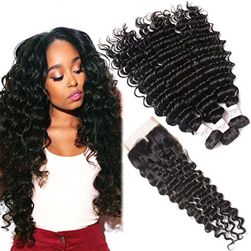 Brazilian Deep Wave Virgin Hair 3 Bundles with Middle Part Closure (18 20 22 with 16) 100% Unprocessed Brazilian Deep Curly Remy Human Hair Weaves and Lace Closure Deep Wave Bundles with Closure