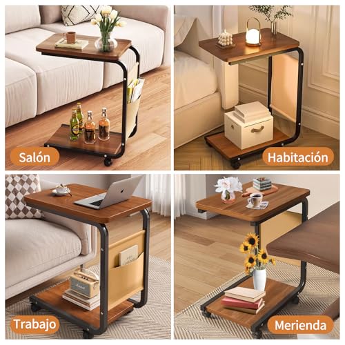 RUKKOVIL Mesa Auxiliar Sala con Ruedas, Mesa para Cama de Noche 2 Niveles en Forma de C, Mesitas para Sala con Estructura de Metal, Dormitorio, Trabajar Desde Casa, para Estudiar, Salón