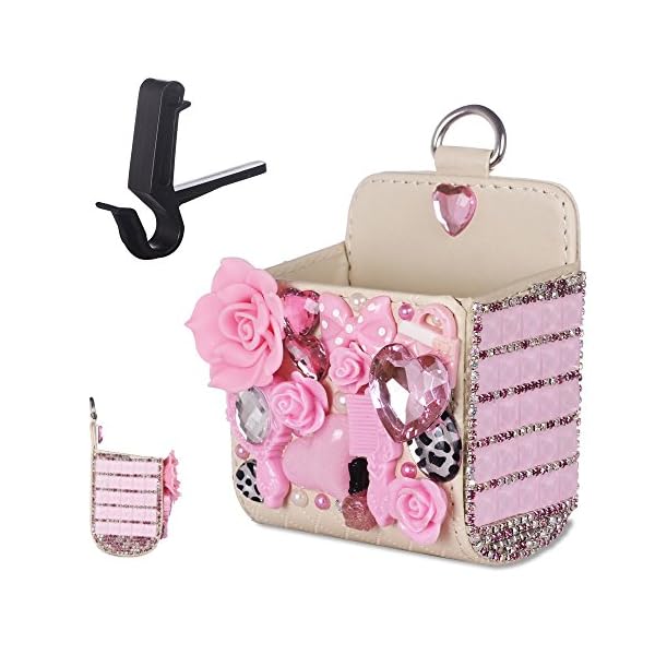 MINI-FACTORY Car Vent Cell Phone Holder, Bling Crystal Diamond Pocket Organizer Leather Pouch Bag Storage for Cell Phones, Sun Glasses and Other Small Items