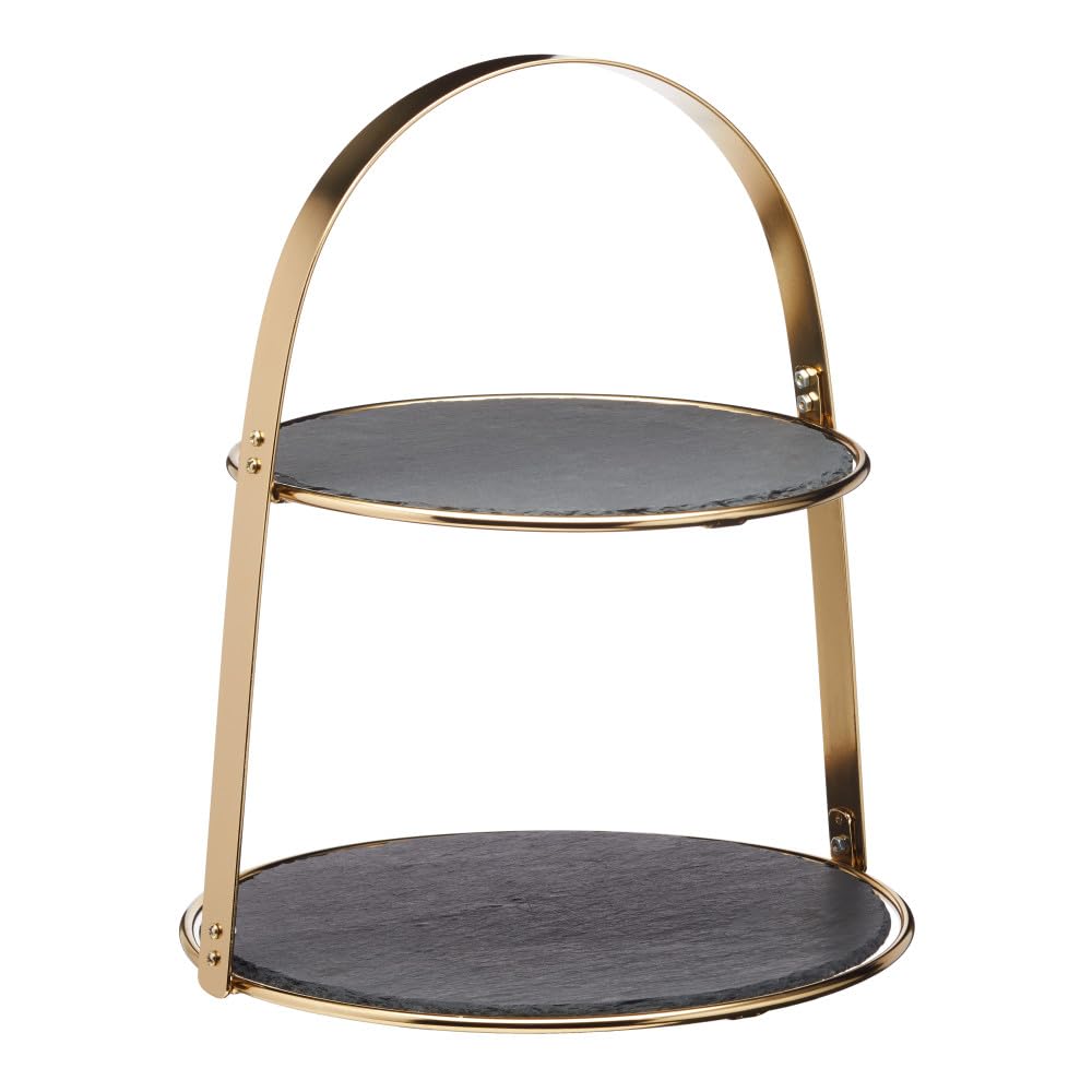 Artesà Cake Stand, 2 tier, with Round Slate Serving Platters and Brass Finish, 29.5 x 29.5 x 35 cm, Black