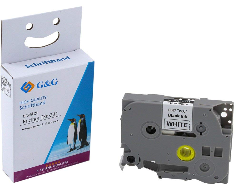 G&G Printing G&G Label Tape Compatible with Brother TZe-231 12 mm x 8 m Laminated Black on White