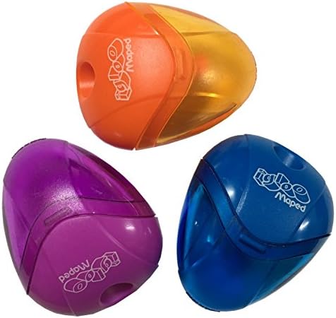 Maped I-Gloo 1 Hole Plastic Manual Pencil/Colored Pencils/Crayons Sharpeners Stationery Set with Cover/Waste Container For Children School Kids Office Classroom (Pack of 3) Orange, Blue and Purple
