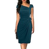 Women's Vintage Cap Sleeves Asymmetrical Neckline Sheath Bodycon Casual Work Cocktail Party Pencil Faux Wrap Dresses