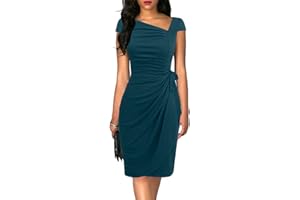 LIYINXI Women's Vintage Cap Sleeves Asymmetrical Neckline Sheath Bodycon Casual Work Cocktail Party Pencil Faux Wrap Dresses