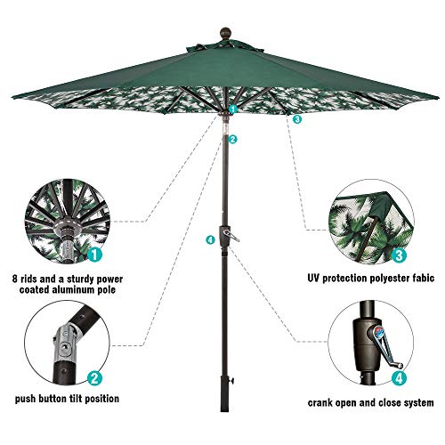 LCH Novelty Design 9 ft Patio Umbrella Outdoor Backyard Deck Table Umbrella Sturdy Pole, 8 Ribs, Crank Open, Push Button Tilting, Green/Coast Tree