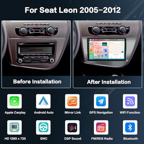 Inefala 4+64G Radio for Seat Leon 2005-2012 Android 15 with Wireless Carplay and Android Auto, 9'' Touch Screen Stereo Radio with Dab Bluetooth 59UI HiFi GPS FM/RDS SWC AHD Reverse Camera