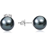 YAMI Saltwater Cultured Black Pearl Earrings, S925 Sterling Silver Earrings Stud White Gold Plated, Hypoallergenic Jewelry Gifts for Women and Men 6.0-10MM