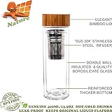 Glass Water Bottle Tea Infuser Tumbler, OCTOPUS NATURE Premium Eco-Friendly Doable Wall Thermos with Elegant Bamboo Lid, Quality Stainless Steel Loose Leaf Strainer - Tea Maker