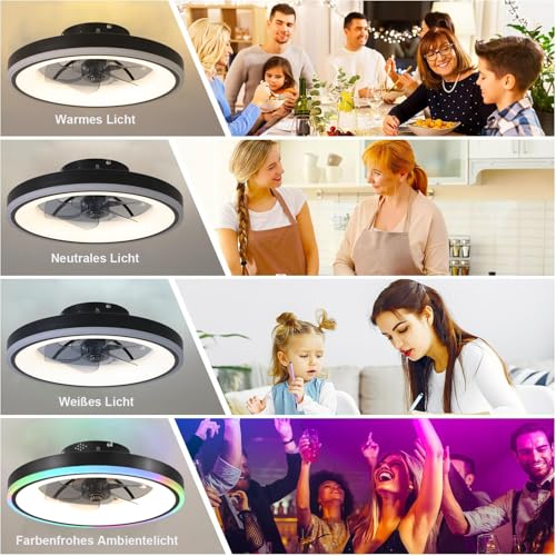 TYJY RGB Modern Silent Ceiling Fan with Light, 60 W Dimmable LED (3000 K-6500 K) RGB Ceiling Fans with Remote Control APP, Timer, 6 Speed, for Living Room, Bedroom, Black