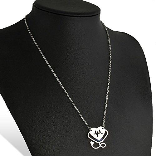 ERAWAN Medical Hollow Heart Stethoscope Cardiogram Doctor Nurse Pendant Chain Necklace EW sakcharn (Silver)