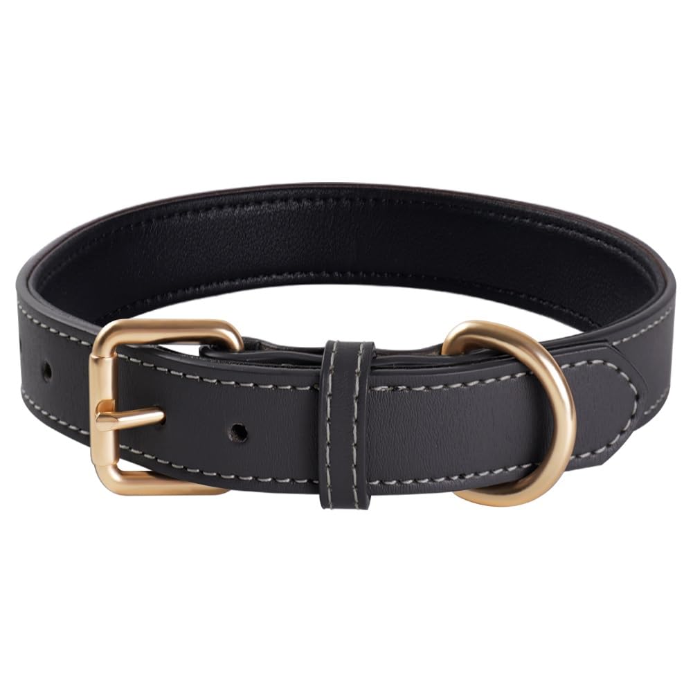 Genuine Leather Padded Dog Collar Comfortable Strong Soft Collars Best for Small Medium and Large Breed Dogs （Grey）(S)